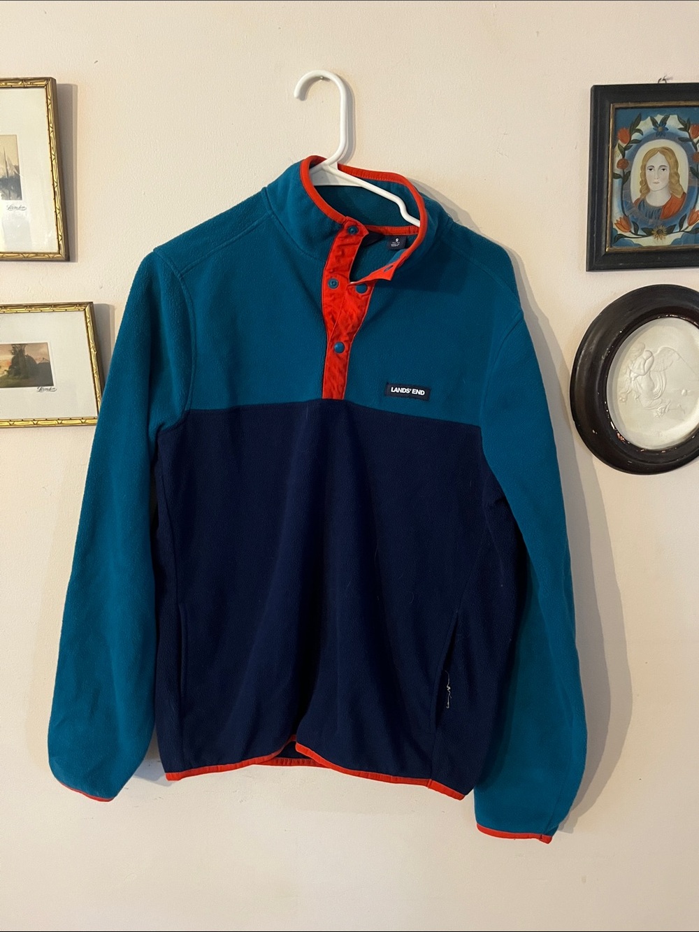 Lands' End Men's Teal & Navy Fleece Shirt Jacket with Orange Trim